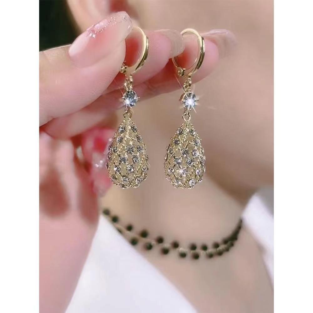 Exquisite Shiny Hollow Water Drop Crystal Dangle Earrings for Women New Luxury Fashion Wedding Bride Korea Earring Jewelry Gift