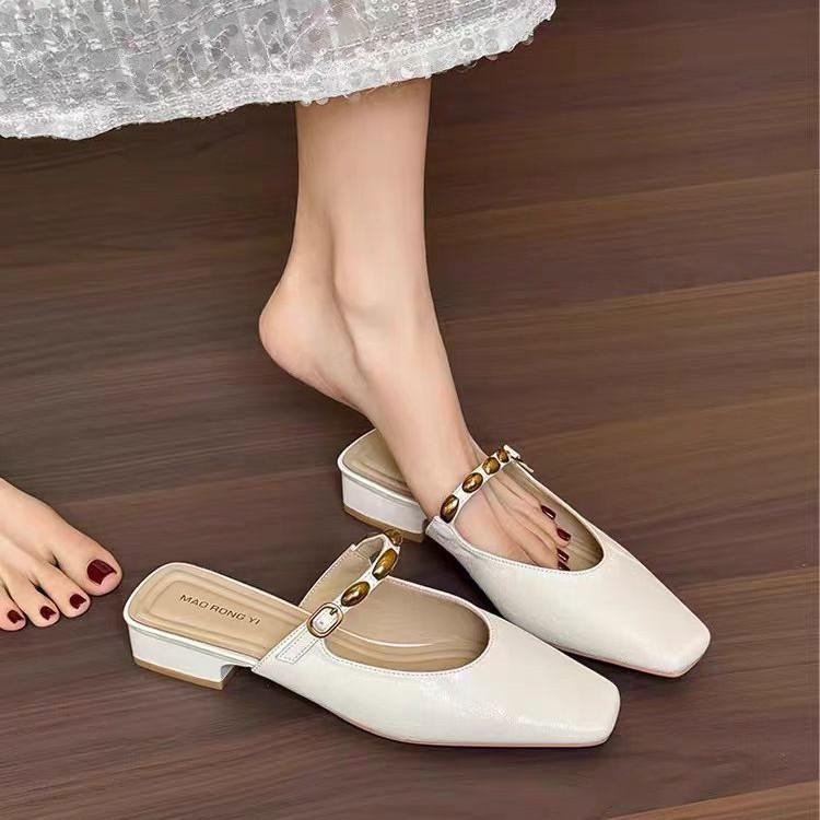 Satin Version Summer Heel-Free Square Head Muller Shoes Bag Head Cool Slippers Women'S Summer Wear Thick Heel Half Drag Single Shoes