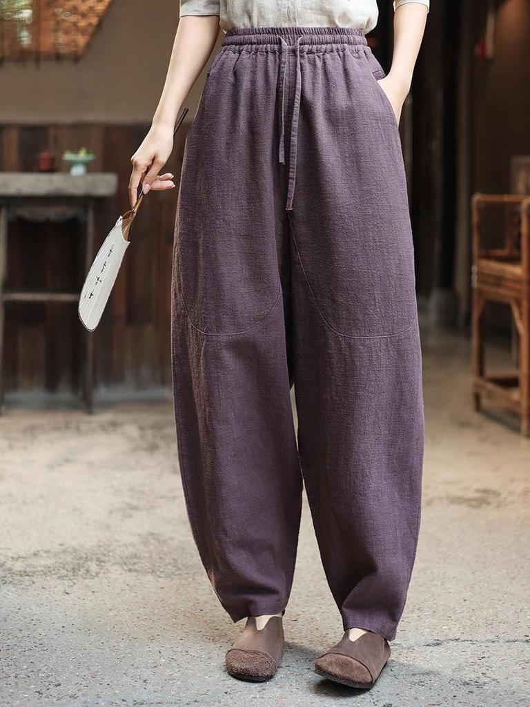 Spring New Cotton Linen Women's Elastic Waist Lantern Pants