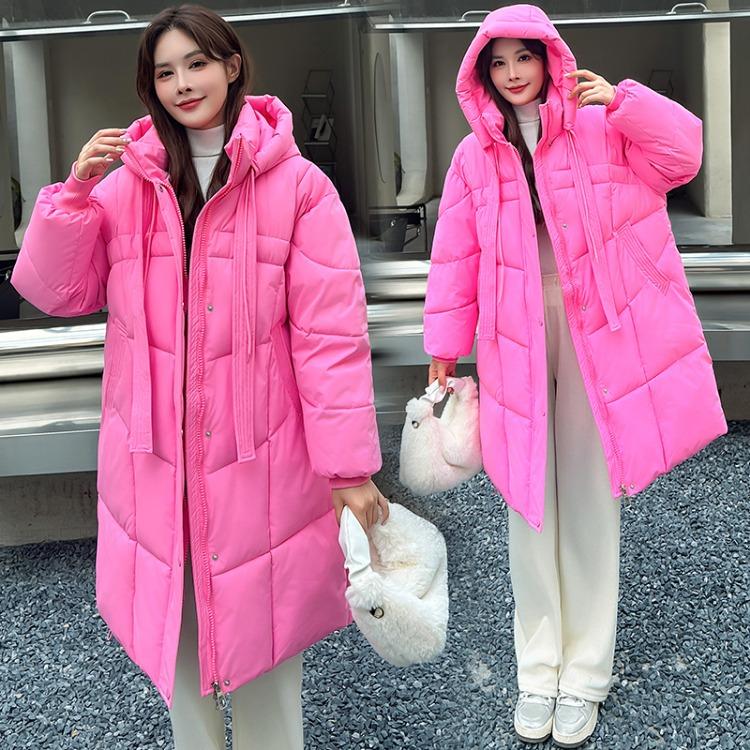 

Модная зимняя куртка женская средней длины утолщенный пуховик однотонный утягивающий выше колена стиль M хаки