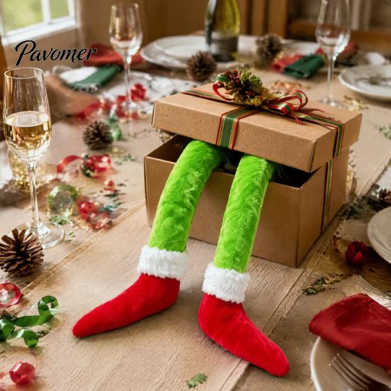 Einzigartige hängende Weihnachtsdekorationen 2 Stück Grüne Elfen-Autobein-Dekoration, Plüsch mit langen Haaren Büro-Feiertagsparty-Dekoration für Zuhause Kamin
