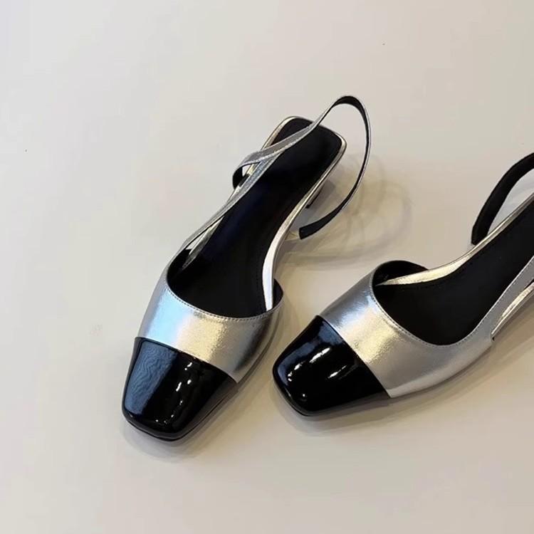Soft leather version~ retro bag head color matching sandals with thick heels, empty square head single shoes, small fragrant temperament women's shoes