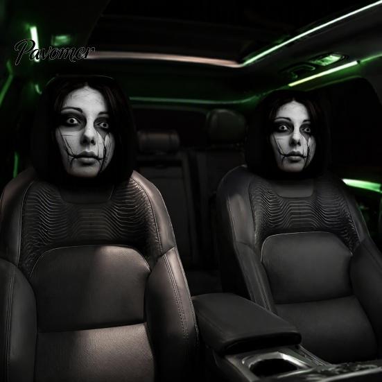 Horror Theme Auto Accessories Funny Expression Car Headrest Cover,Elastic Seat Protector, Universal Scary Novelty Gift for Lovers Ghost Face Interior
