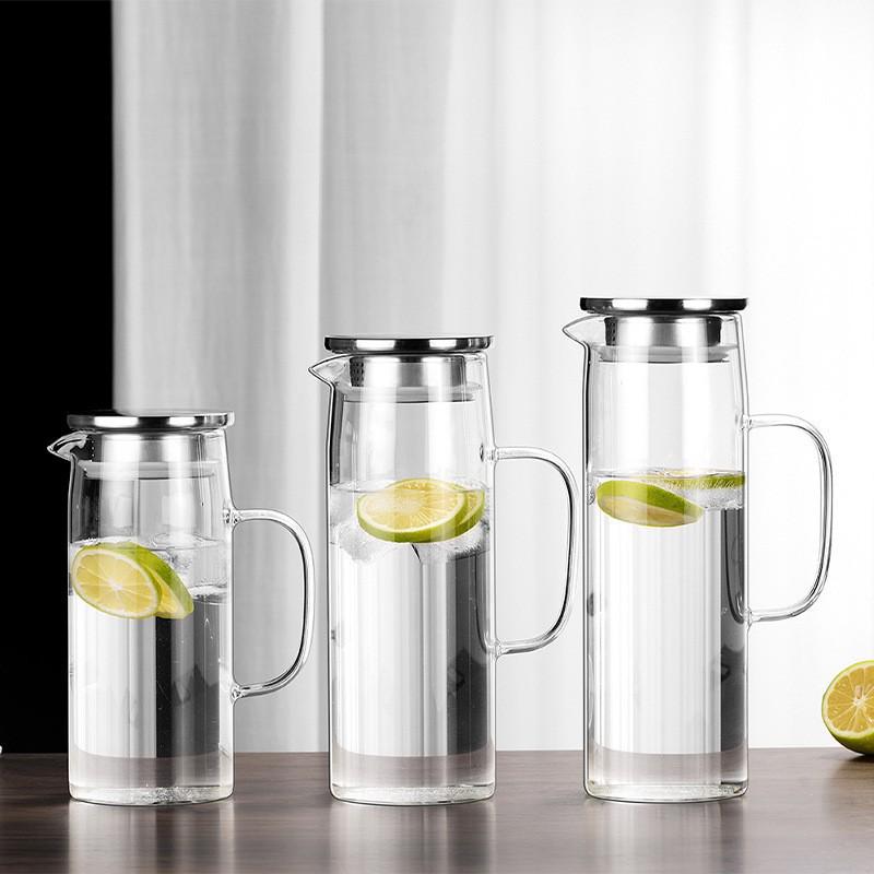 Stainless Steel Lid Borosilicate Glass Cold Water Kettle, Large Capacity, Stoppered Design