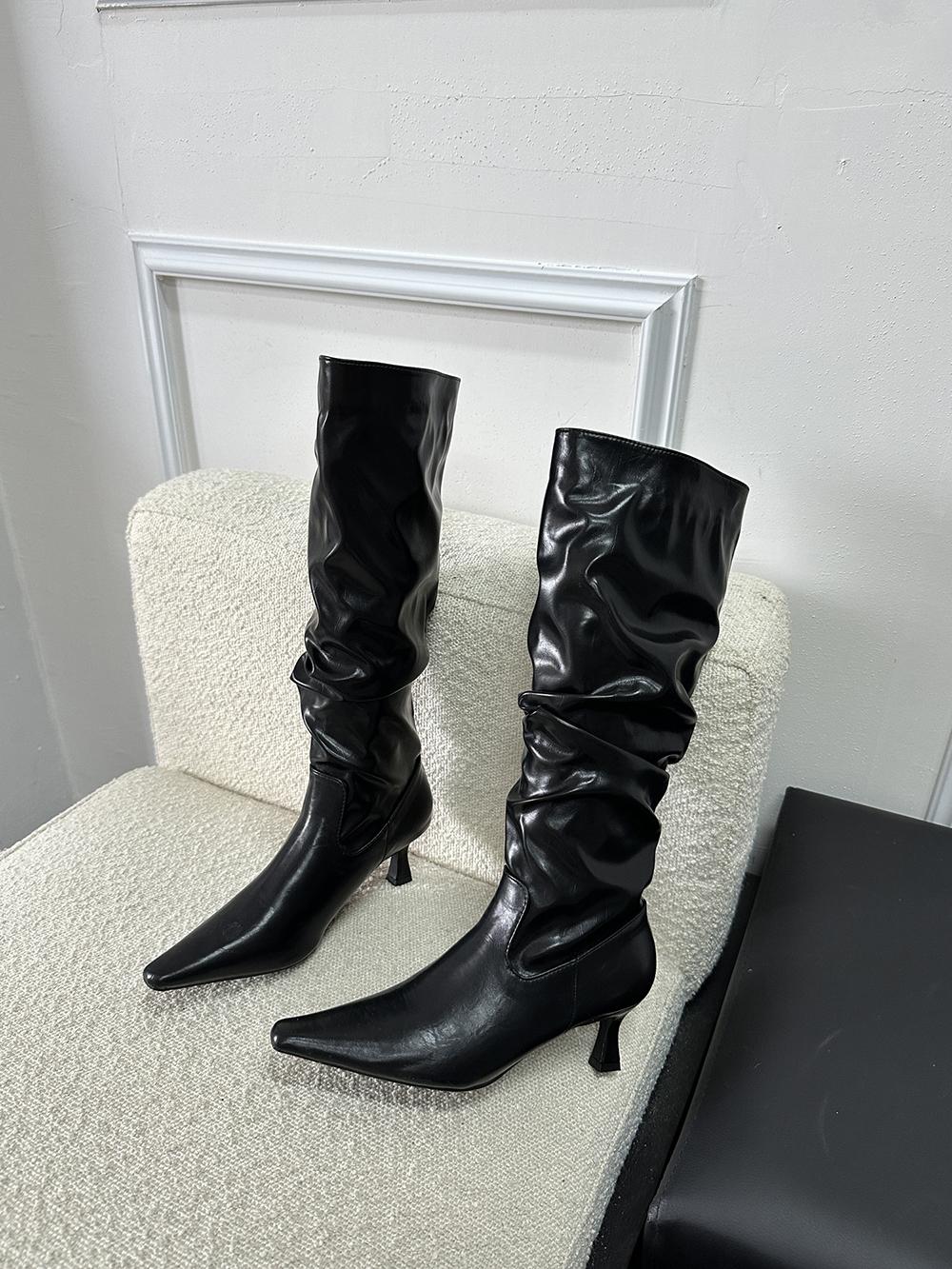 

Модные женские сапоги с острым носком, черные, белые, коричневые, рыцарские, на тонком каблуке, модные зимние туфли для вечеринок, сексуальные, 35-40 7.5 чёрный