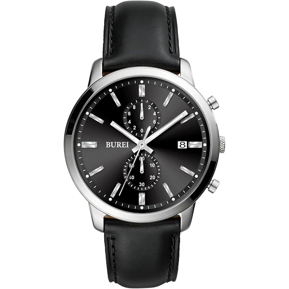 BUREI Men s Analog Quartz Watch Brown Leather Strap Waterproof Lightweight Business Casual Watch Dark Grey