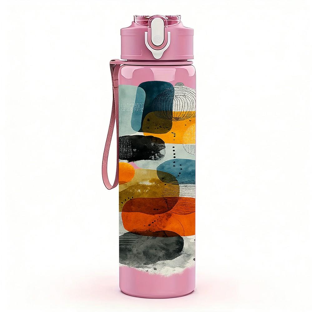 1PC Abstract Geometric Shape Modern Print 750ml Color Plastic Sports Water Bottle Leakproof Flip Straw Lid Suitable for Sports Office Home Use