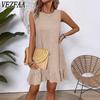 Women's Fashion Summer Spring Solid Color Print Sleeveless O-Neck Loose Waistlinet Casual Dresses