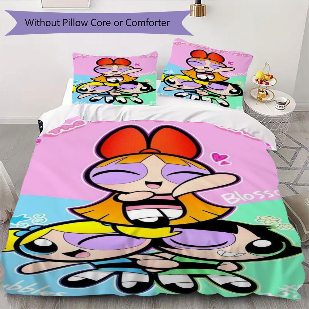 

3pcs Powerpuff Girls cartoon print bedding set, Soft and skin-friendly,suitable for children s bedrooms (Without Core). 135x200cm