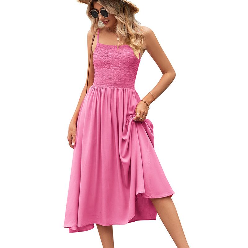 Women Summer Long Dress Casual Elastic Sleeveless Mid-calf Solid Color Sundress