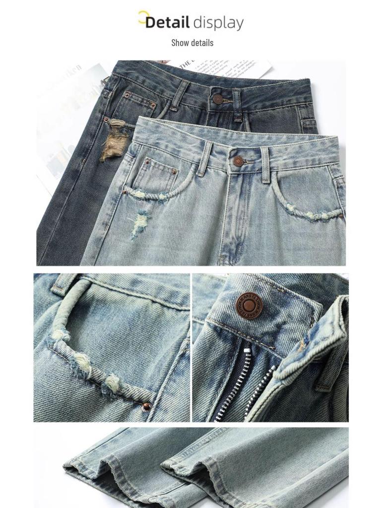 Women's Retro High-Waist Light Jeans: New 2026 Autumn/Winter Loose Straight-Leg Wide Pants