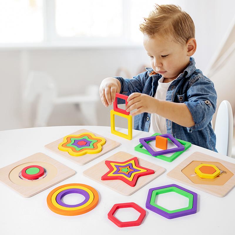 Wooden Geometric Colorful Puzzles 3D Shapes Cognition Board Montessori Puzzle Educational Toy for Toddlers Color Shape Learning