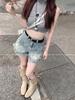 Women's High-Waist Frayed Denim Shorts - Spicy Style, Plus Size, A-Line Fit