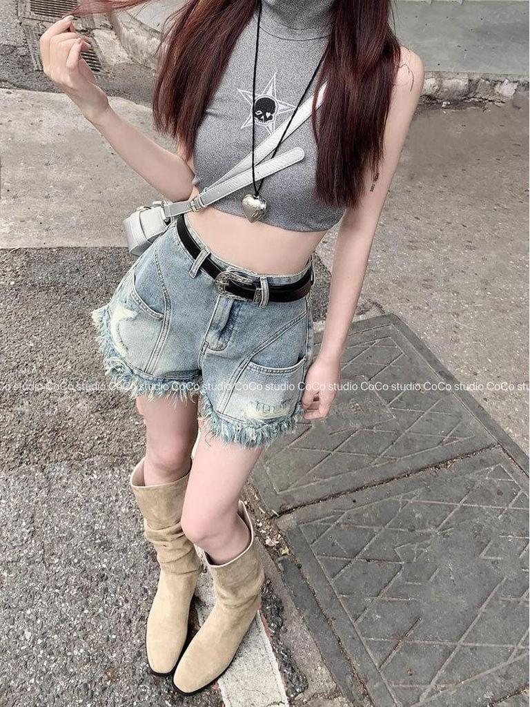 Women's High-Waist Frayed Denim Shorts - Spicy Style, Plus Size, A-Line Fit