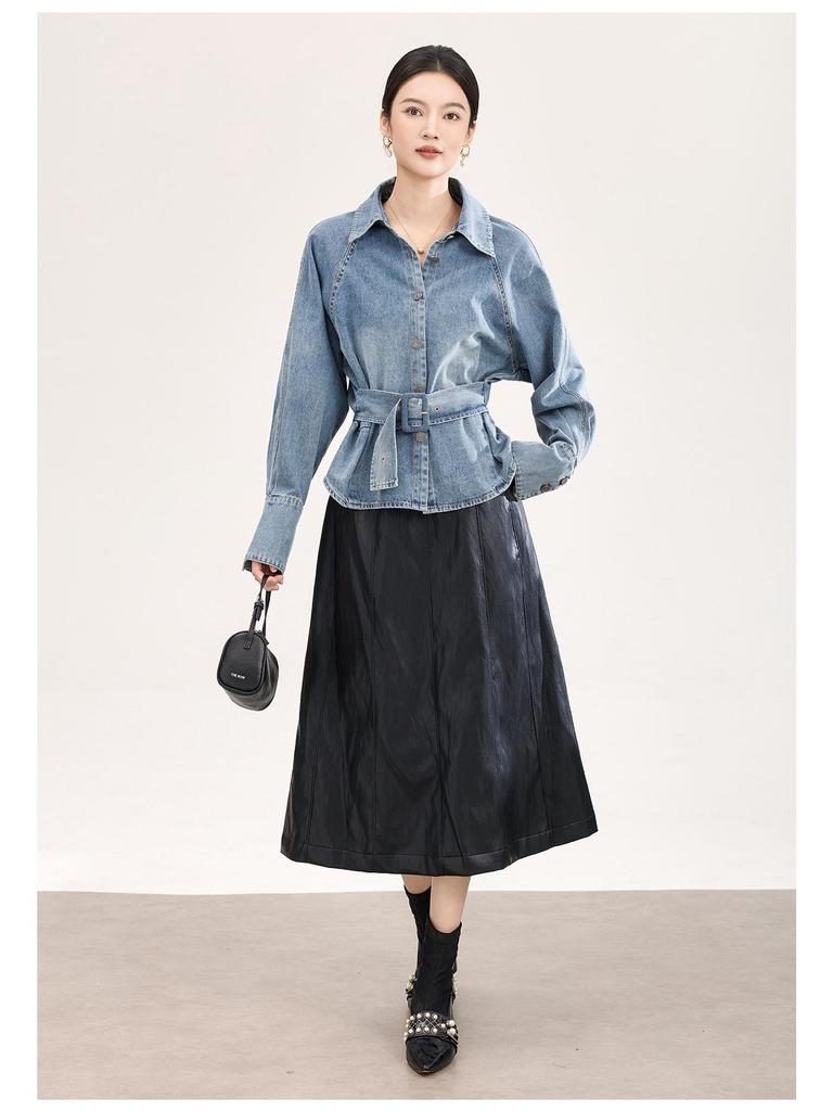 High-Quality Nanyou Retro Bleached Lace-Up Denim Shirt - Early Spring Long-Sleeved Top