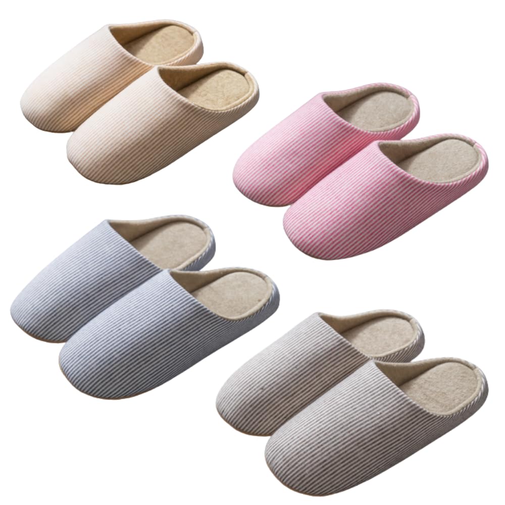 Tropchou Room Shoes for Natural Cotton and Set of 4 Slippers, Guests, Non-Slip, Linen, Quiet, Washable, Unisex,