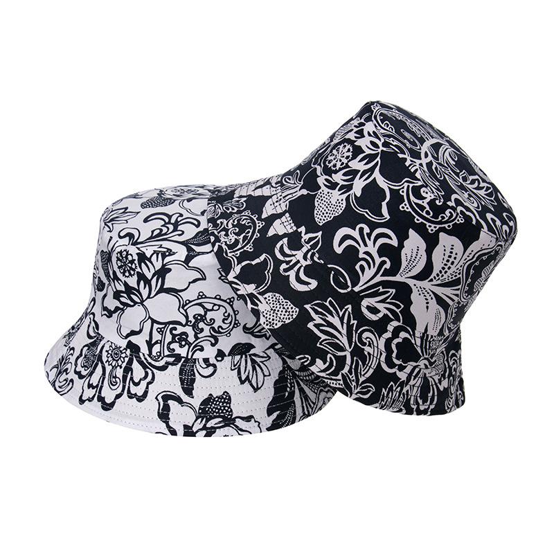 Style Tropical Black And White Leaf Flower Print Shade Doublesided Fisherman Hat