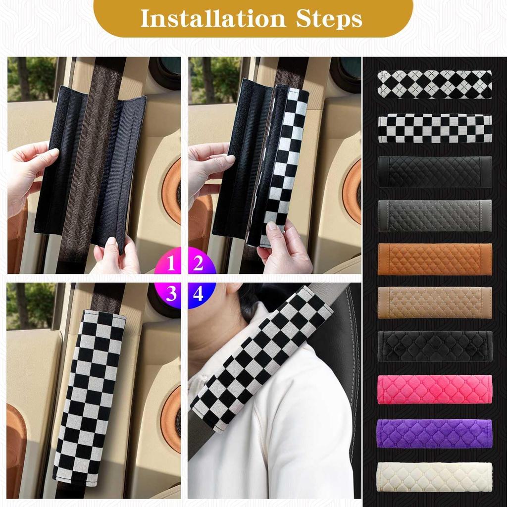 Yumikoo 2 Pack Checkered Seat Belt Covers, Black White Shoulder Pads | Soft Padded Checkered Covers Help Reduce Shoulder Pressure and Add Racing
