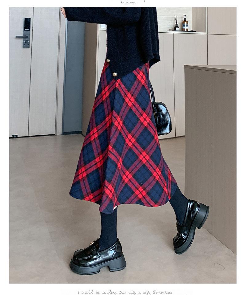 Korean Wool Plaid Midi Skirt: High-Waisted, Plus Size, Slimming A-line - Winter 2026