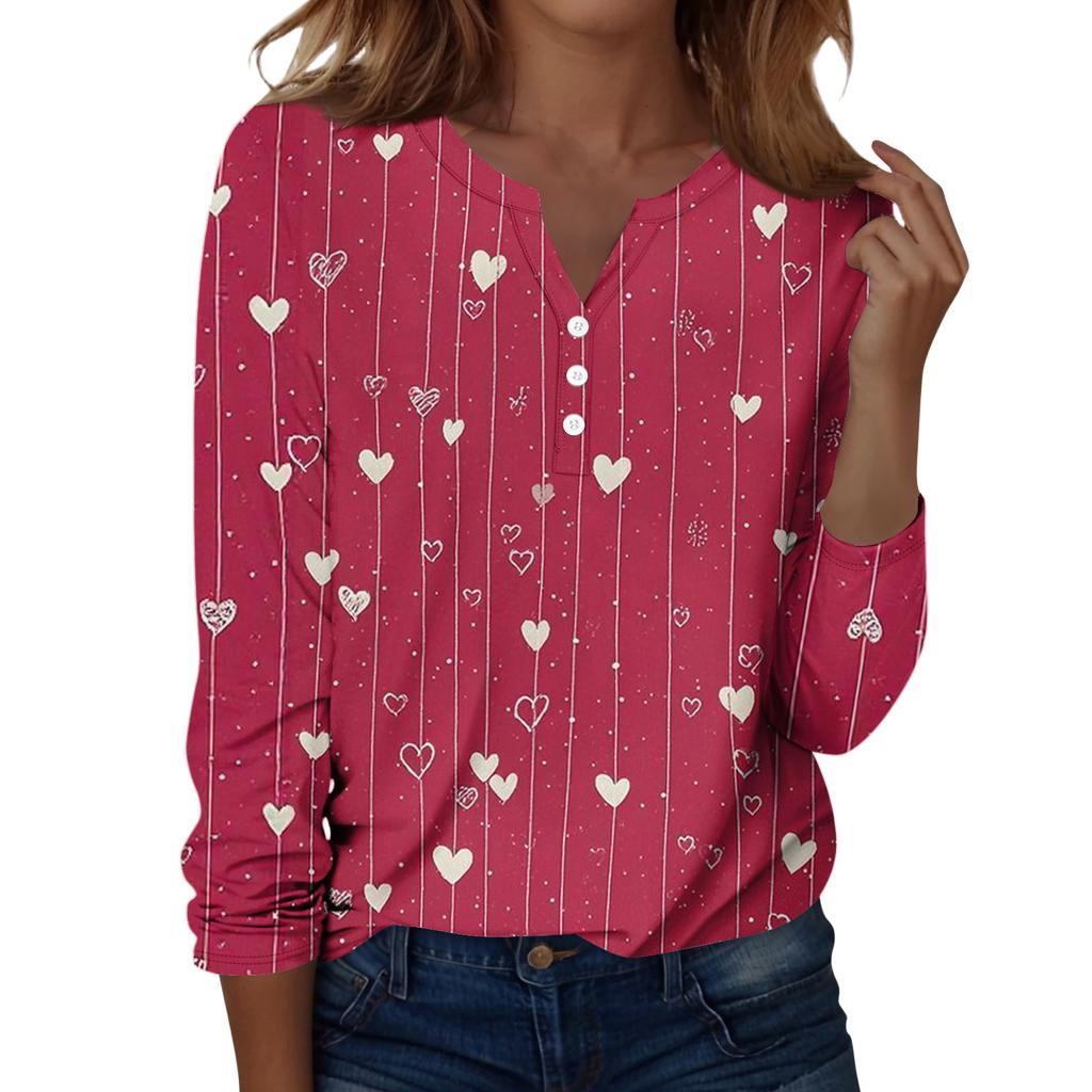 Damen T-Shirt mit Weihnachtsdruck, Knopfleiste, lange Ärmel, für den Alltag, Wochenende, modisch, Basic, V-Ausschnitt, normales Oberteil