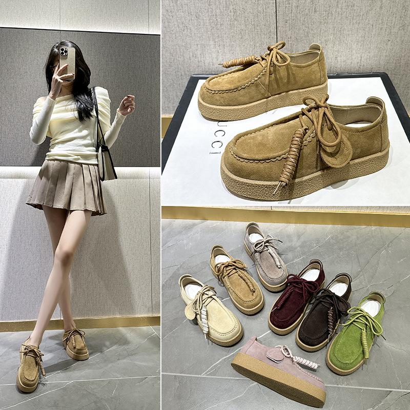 High Quality Suede Leather Loafers Women Round Toe Lace Up Fringe Thick Sole Shoes Casual Comfort Outdoors Flat Walk Shoes Woman