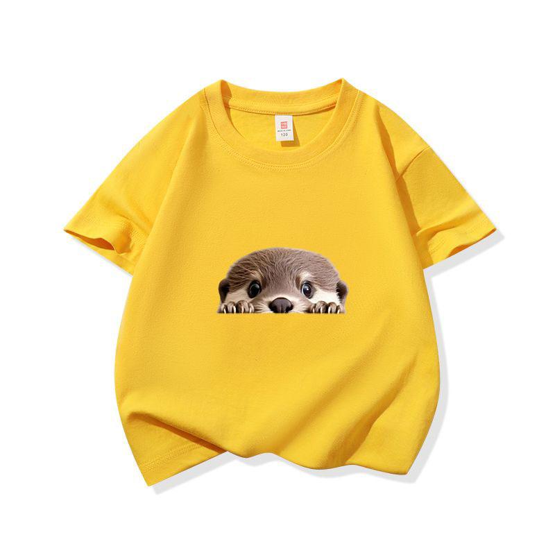 Kinder Baumwoll-T-Shirt Niedlicher Peekender Otter Aufdruck Rundhalsausschnitt Kurzarm T-Shirt Lässig Atmungsaktiv Jungen Mädchen Sommer Oberteile