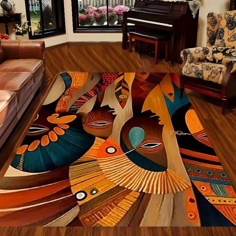 Large African Tribal Area Mat Non Slip Plush Bottom Backing Machine Washable Living Room Bedroom Office Bold Orange Blue Brown