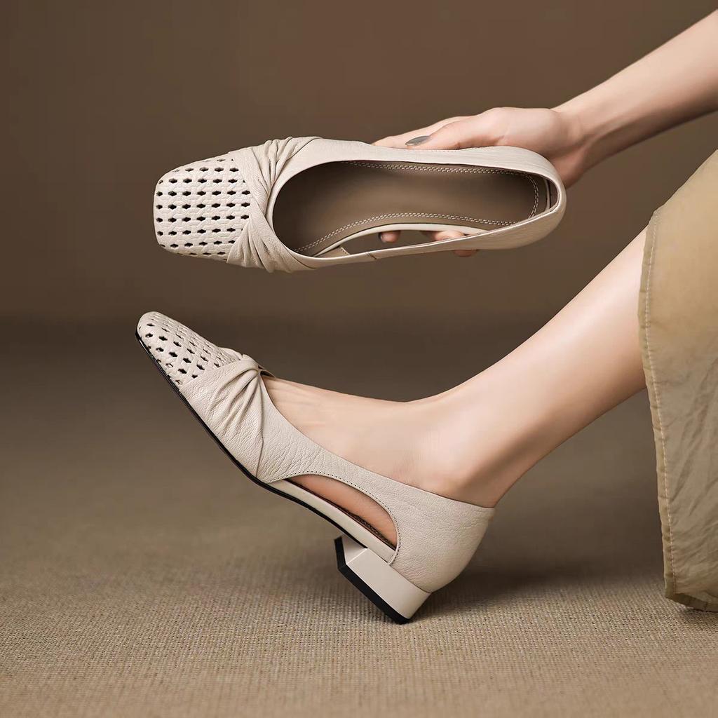 Single shoes breathable low-heeled bag head Roman sandals small fragrant hollow women's summer commuting soft-soled Mary Jane shoes