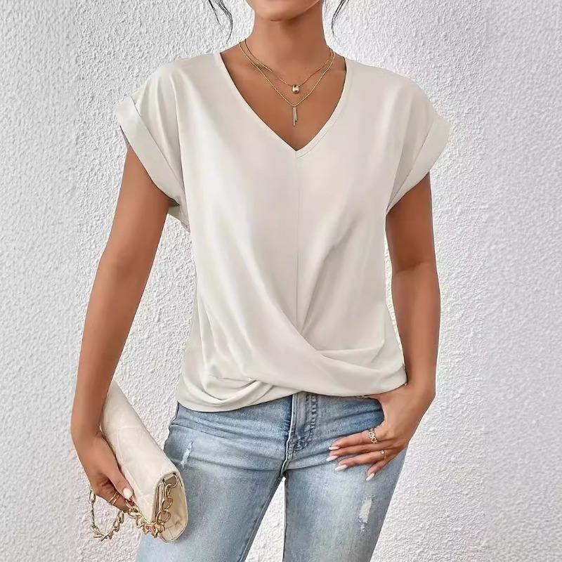 Women's New Summer Solid Color V-neck Short-sleeved T-shirt Casual Twist Hem Top