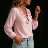 QICED Moda feminina casual manga comprida blusas e camisas com decote em V
