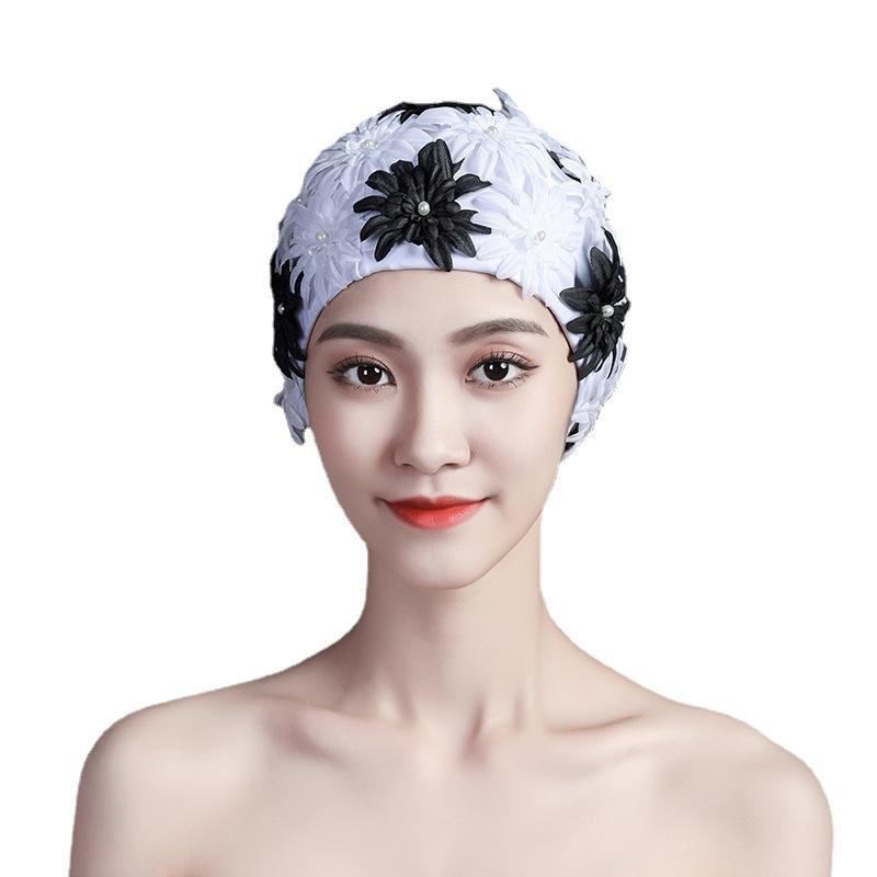 Căciulă de înot Femei Floare de Perlă Lucrată Manual Cusută Manual Flori Mari Tridimensionale Nu Strânge Capul Material Dublu Înot Cald