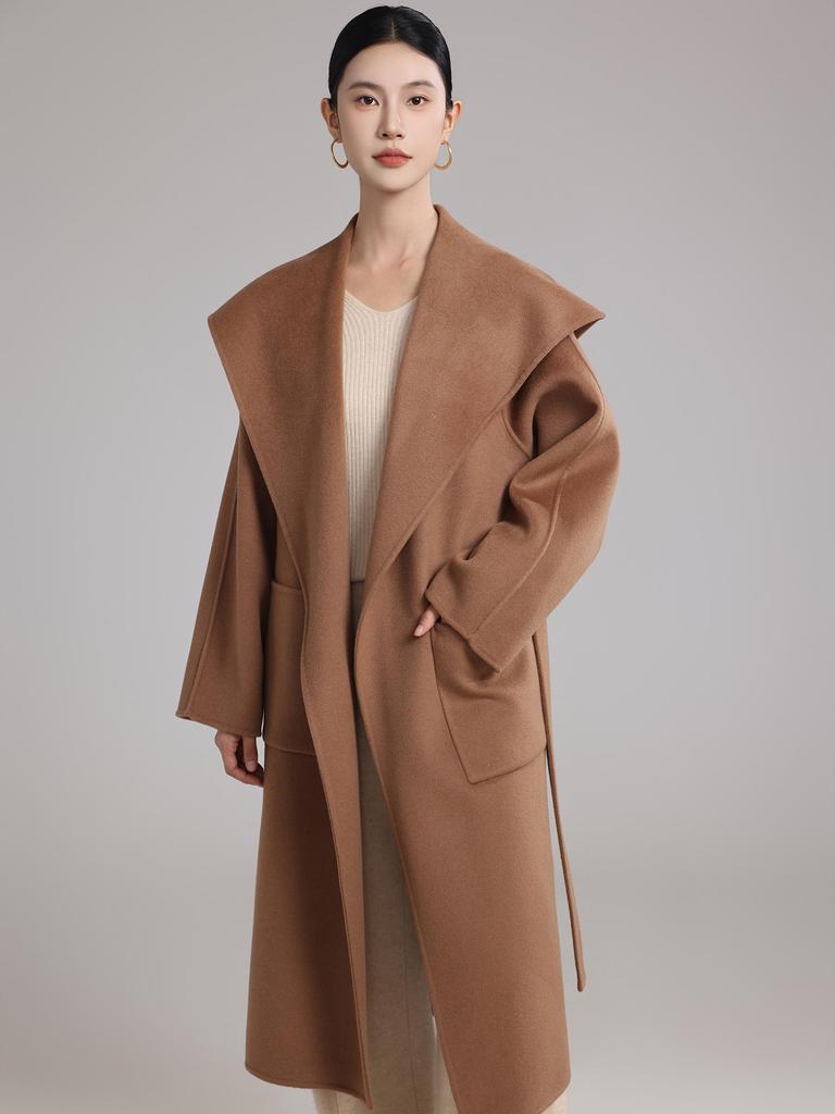 High-End Extra Long Double-Faced Wool Coat: Hooded, Tie-Waist, Light Luxury Casual Silhouette with Cashmere