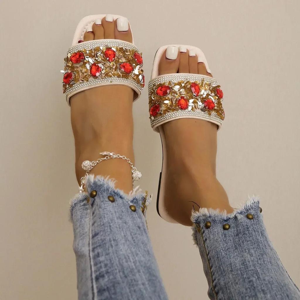 Summer Women Shoes Outdoor Open Toe Shiny Rhinestone Women's Slippers Large Size Flat female Slippers Women's Sandals