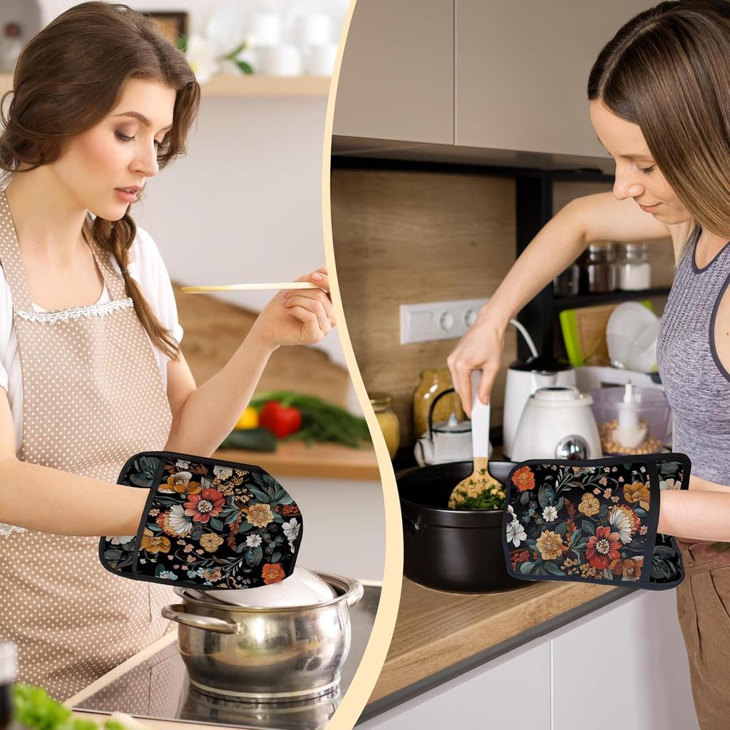 Boho Vintage Floral Pot Holders 2 Pack Set, Cottage Core Kitchen Decor, Rustic Wildflower Botanical Heat Resistant Oven Hot Pads for Kitchen