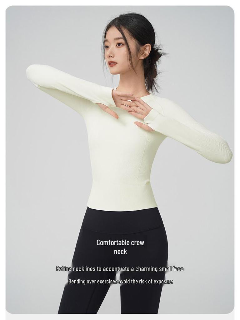 Women's Seamless Slimming Round Neck Long Sleeve Yoga Top - Breathable, Waist-Cinching Fitness Wear for Autumn and Winter