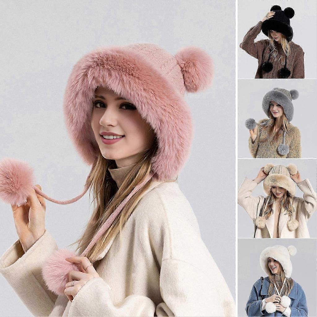 Winter Ladies Hat Fluffy Plush Thickened Heat Retention Ball Decor Ear Protection Solid Color Windproof Outdoor Camping Cycling Skiing Headwear