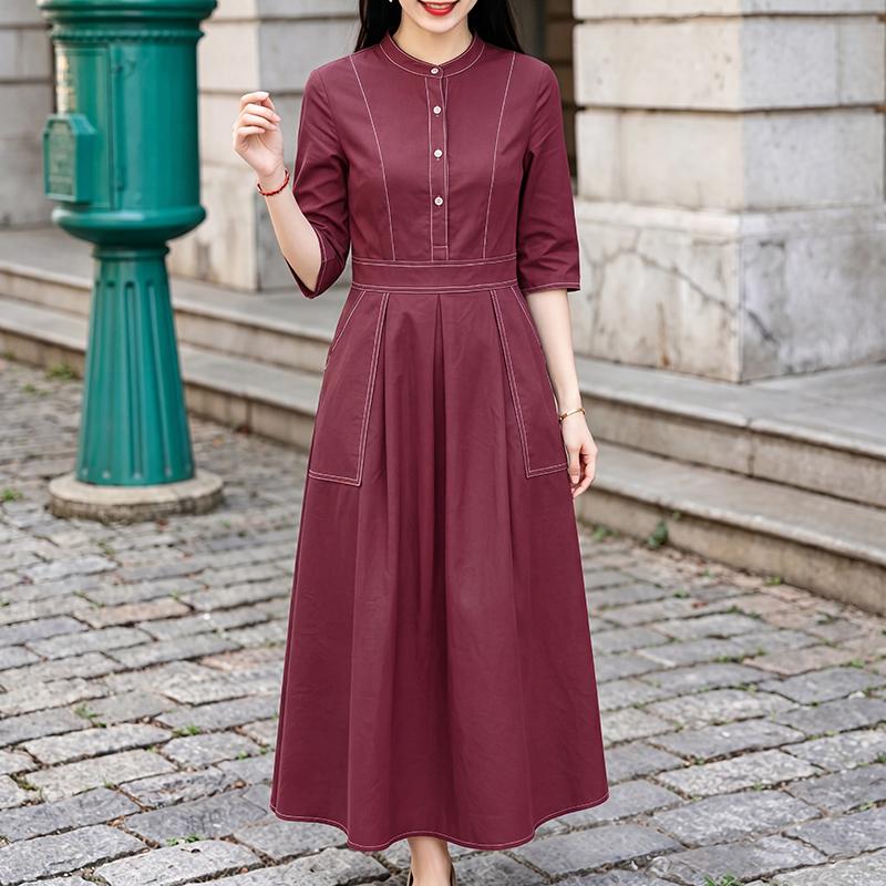 

ZANZEA Women Elegant Casual Stand Collar Solid Color Half Sleeve Dress 5XL вина червоного кольору