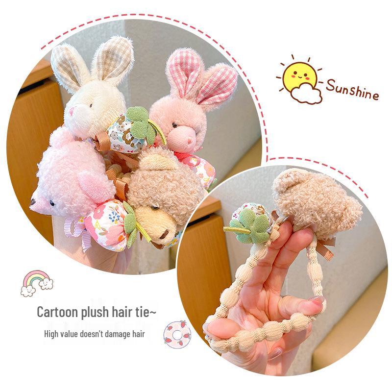 Sweet Girl High Elasticity Plush Rabbit & Bear Hair Ties - No Damage, Cute Ponytail Hair Ropes for Children