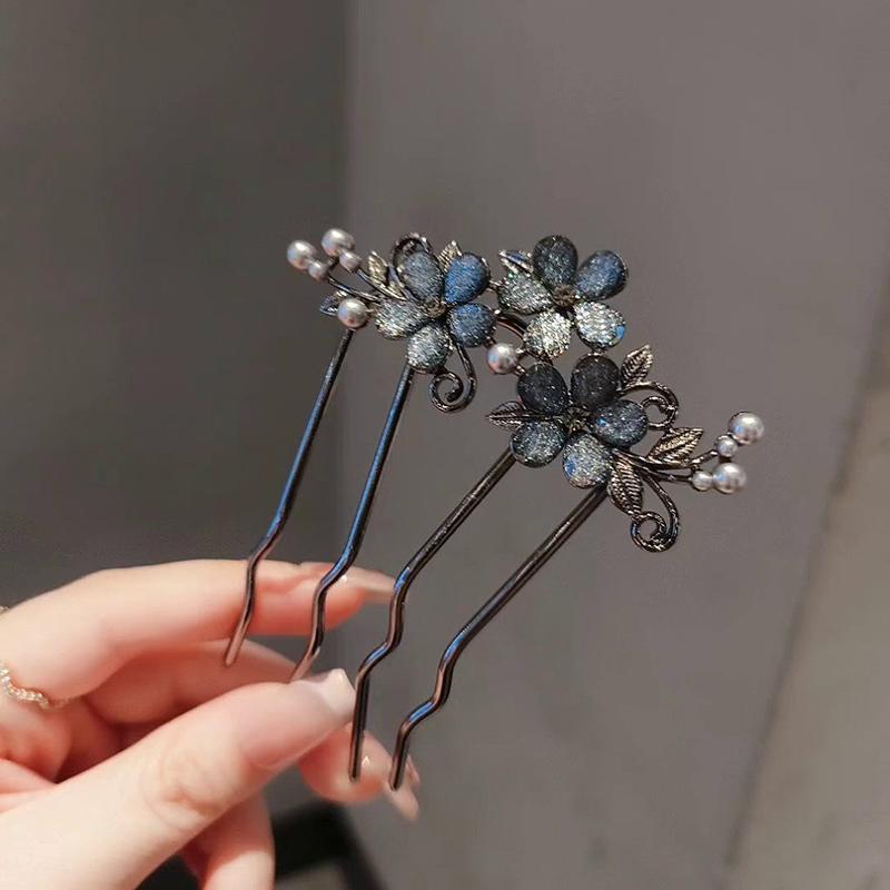 Chinese Ancient Exquisite Pearl Rhinestone Flower U-shaped Hair Comb Women Elegant Temperament Daily Metal Hairpin