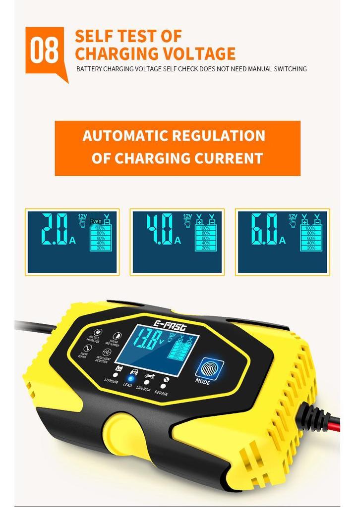 E-FAST Smart Charger for Lithium & Lead-Acid Batteries with Current & Voltage Display for Cars & Motorcycles