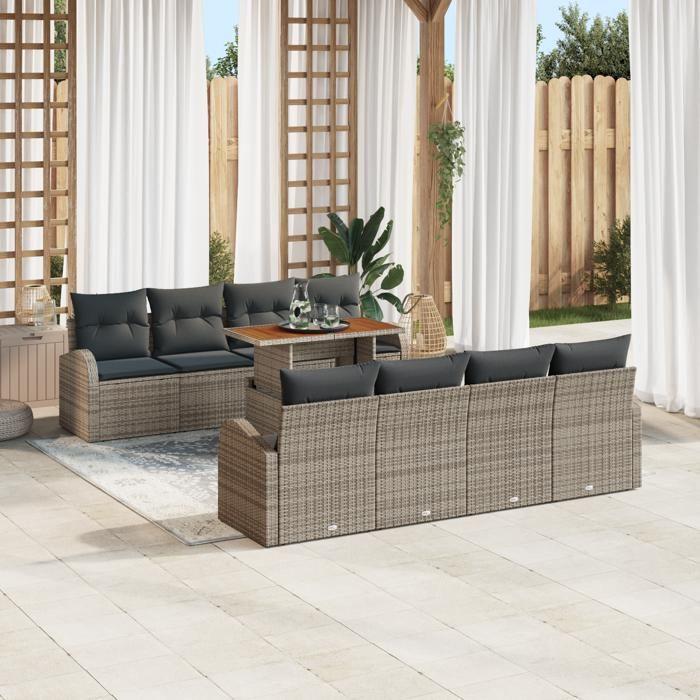 VidaXL Ensemble de salle à manger de jardin de 9 pièces avec coussins en poly rotin gris et acacia 3349558