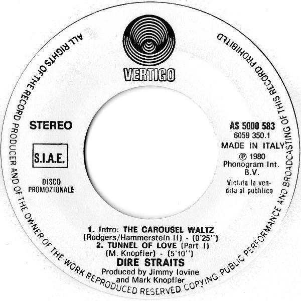 

7inch Record DIRE STRAITS PAUL MCCRANE Intro The Carousel Waltz Tunnel AS5000583 VERTIGO 1980 Italy Rock Used