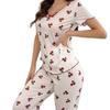Women's Cherry Print Short Sleeve Pajamas with Long Pants and Turn-Down Collar