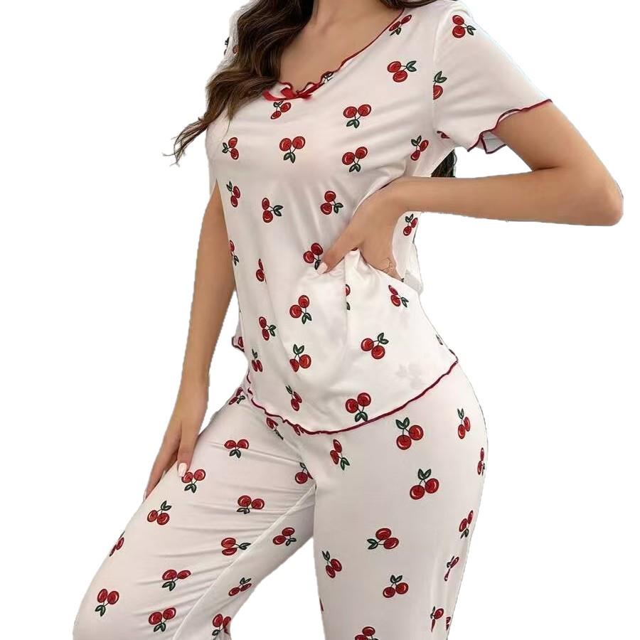 Women's Cherry Print Short Sleeve Pajamas with Long Pants and Turn-Down Collar