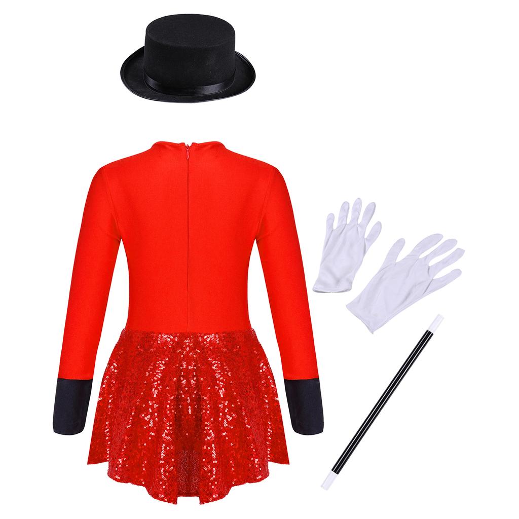 Girls Magician Costume Set Long Sleeve Bow Tie Back Zipper Sequin Leotard Hat Magic Wand Gloves