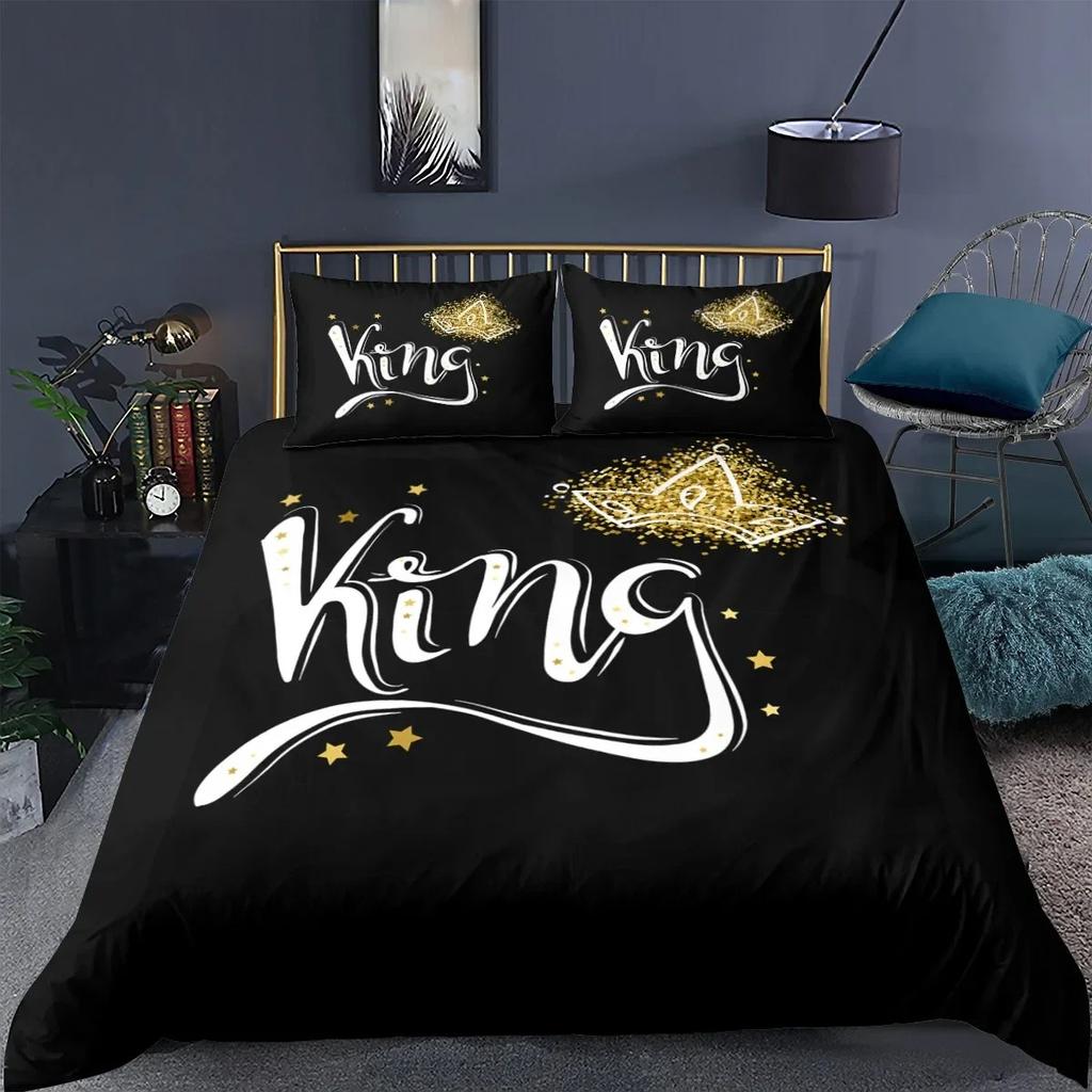 Zestaw pościeli dla par drukowany 3D Kocham Cię Korona Poszwa na kołdrę Podwójny Pojedynczy Pełny Queen King Dorosły Dzieci Pościel Pokrowiec na kołdrę