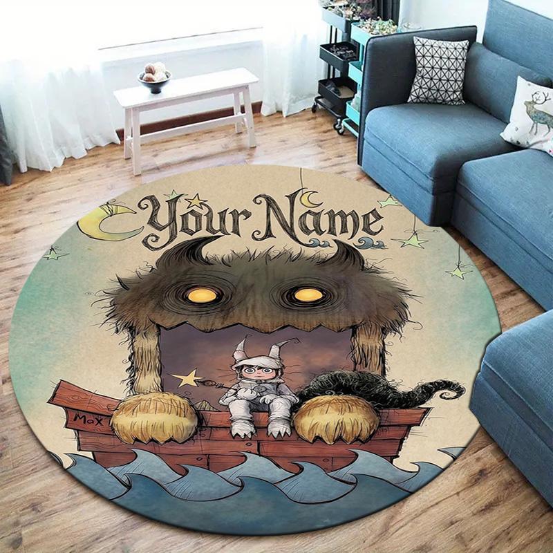 Moonlit Voyage Custom Name Round Area Rug Carpet Rug For Living Room Bedroom Sofa Playroom Decor Nonslip Floor Mat