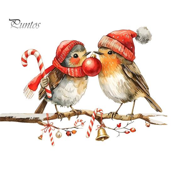 Winter Party Window Ornaments Christmas Birds On Tree Branch Wall Sticker, Cute Watercolor Bird Decal Scene Setting Decals with Ball, Candy Cane, Bell