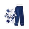Spring and summer national style bamboo leaf plant printed women's clothing, breathable round neck medium sleeve top, elastic waist loose eight-point