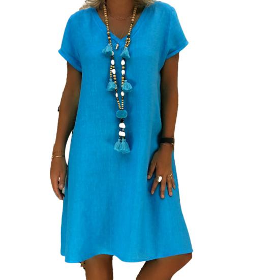 Women Casual Solid Color V Neck Short Sleeve Beach Knee-length Loose Dress